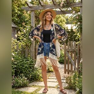 Rachael & Chloe Floral Kimono with Fringe